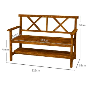 Outsunny 2-Seater Garden Bench Wooden Outdoor Bench w/ Storage Shelf Carbonized