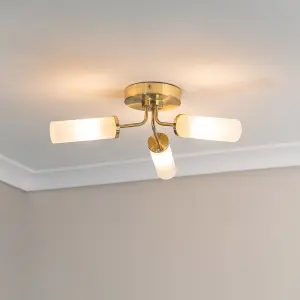 ValueLights Canya Brushed Gold 3 Way Bathroom Ceiling Light Reeded Glass Shade