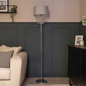 ValueLights Lulu Grey Fabric Floor Lamp with Acrylic Jewel Droplet Drum Shade - Bulb Included