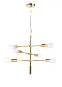 Ceiling Pendant Light Satin Brass Plate 6x60W E27 Dimmable Multi Arm Lamp