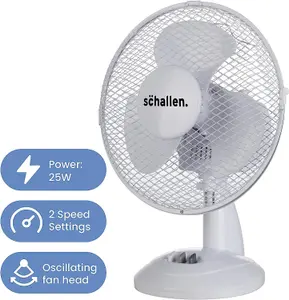 Schallen Small 9" Portable Desk Table Oscillating Cooling Fan with 2 Speed Setting & Quiet Operation in White