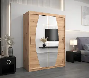 Elypse Contemporary 2 Mirrored Sliding Door Wardrobe 5 Shelves 2 Rails Artisan Oak Effect (H)2000mm (W)1500mm (D)620mm