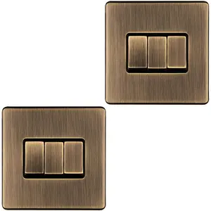 2 PACK 3 Gang Triple Light Switch SCREWLESS ANTIQUE BRASS 2 Way 10A Slim Rocker