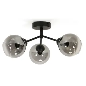 ValueLights Aria Black Metal 3 Way Ceiling Light Fitting with Smoked Glass Lampshades