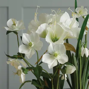 Bloom Artificial White Amaryllis Plant Arrangement in Vase - Faux Fake Realistic Houseplant Floral Home Decoration - H50cm x W35cm