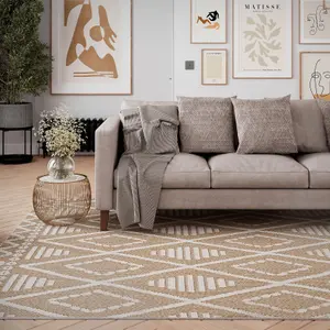 Natural Beige Diamond Trellis Textured 3D Pile Living Area Rug 160x230cm