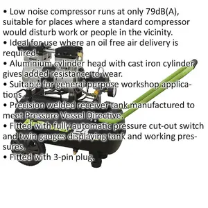 24L Low Noise Direct Drive Air Compressor with Twin Gauge Display - 1hp Motor