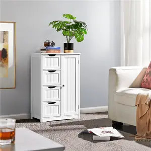 Yaheetech White Wooden Freestanding Bathroom Cabinet with 4 Drawers and Cupboard