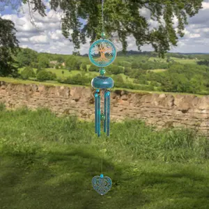 Blue & Gold Tree of Life Windchime - Metal & Glass Hanging Outdoor Garden Wind Chime Decoration - Measures H73 x W9 x D10cm