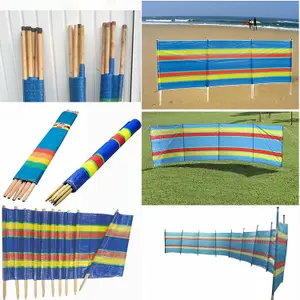 5 Pole Windbreak Wooden Multicolor Blue Stripe Tall Windbreaker Folding Garden Camping Beach Picnic Holiday Privacy Sun Screen