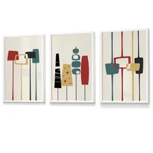 Set of 3 Framed Mid Century Modern in Teal, Red and Yellow / 50x70cm / White