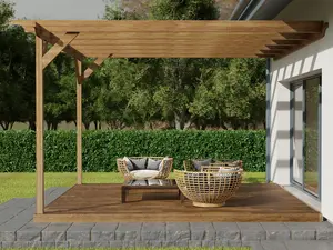 Wall mounted pergola and decking complete diy kit, Sculpted design (3m x 3m, Rustic brown finish)