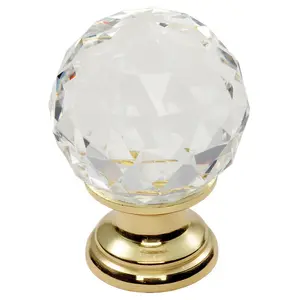 Faceted Crystal Cupboard Door Knob 40mm Dia Polished Brass Cabinet Handle