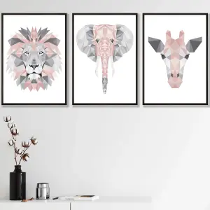 Set of 3 Geometric Pink Grey Jungle Animal Heads Wall Art Prints / 42x59cm (A2) / Black Frame