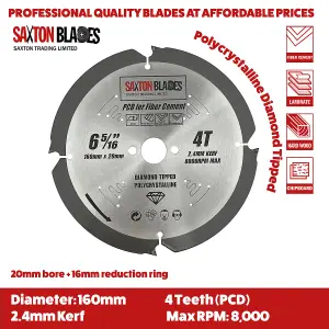 Saxton PCD1604T PCD Circular Saw Blade, 160mm x 4 Teeth Polycrystalline Diamond Tipped Fibre Cement Board, Hard Materials