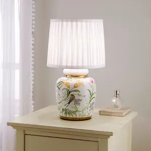 Traditional Ceramic Floral Table Lamp with White Pleated Shade 44cm Table Lamp