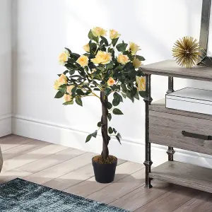 Yellow Artificial Plant Realistic Rose Flower Tree Fake Plant House Plant in Black Pot H 90 cm