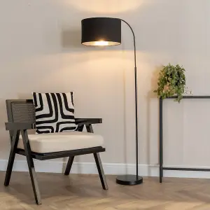 ValueLights Curva Black Arched Floor Lamp with Black Velvet & Chrome Inner Lamp Shade & Bulb