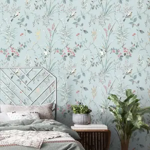 Crown Mariko Floral Treebird Blue Metallic Wallpaper M1856