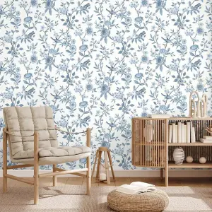 Fine Decor Eleanor Floral Birds Blue Wallpaper Flowers Botanical Feature Wall