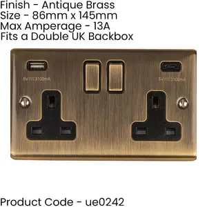 2 Gang Double UK Plug Socket & Dual 3.1A USB-C USB-A ANTIQUE BRASS 13A Switched