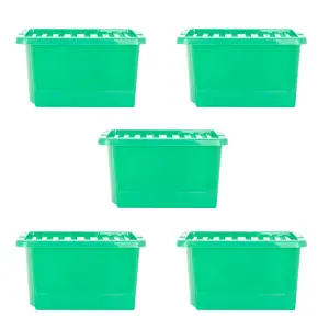 Wham Crystal 5x 28L Plastic Storage Boxes with Lids. Small Size, Strong . Made in the UK Tint Leprechaun Green