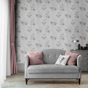 Muriva Pink & Grey Floral Mica effect Embossed Wallpaper