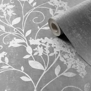 Muriva Grey Floral Metallic effect Embossed Wallpaper