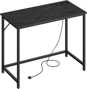 VASAGLE Study Desk with LED Lights, Computer Table, Power Outlets, Space-Saving Design, Ebony Black and Ink Black