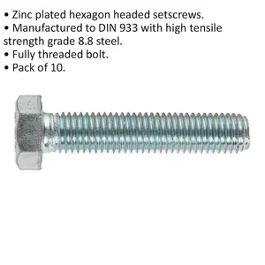 High-Tensile M14 x 70mm Setscrew Pack - Zinc Plated - Grade 8.8 - Fully Threaded - 10 Pieces