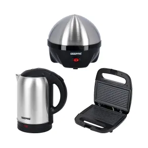 Geepas 3-in-1 Egg Boiler Poacher, Panini Sandwich Press & 1.8L Electric Kettle Kitchen Combo Set