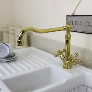 Astini Traditional English Gold Twin Handle Kitchen Sink Mixer Tap 25441G