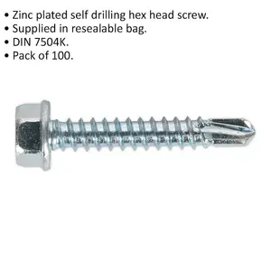 100 Pack Zinc Plated Self Drilling Hex Head Screws 4.2 x 25mm for DIY and Professional Use