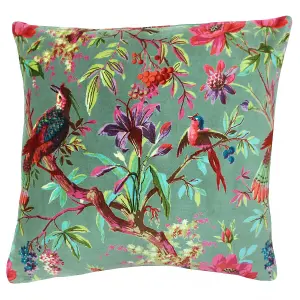 Paoletti Paradise Bird and Flower Printed Velvet Polyester Filled Cushion