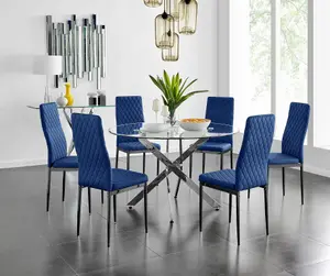 Furniturebox UK Novara 120cm Round Dining Table and 6 Navy Velvet Milan Black Leg Chairs