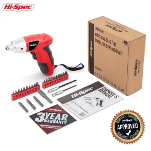 Hi-Spec 27pc 3.6V Red Compact Electric Power Screwdriver & Driver Bit Set. USB Rechargeable for Cordless Screwdriving