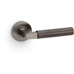 SOLID BRASS Smooth Door Handle Set - Dark Bronze Angled Lever On Round Rose