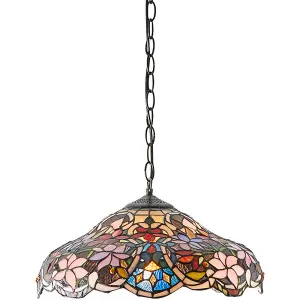 Floral Tiffany Glass Design Ceiling Pendant Light - Dark Bronze Effect Fitting