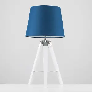 ValueLights Clipper Modern White Wood and Silver Chrome Tripod Table Lamp with Navy Blue Shade