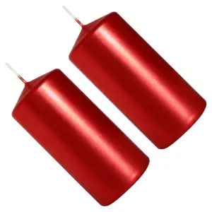 Pillar Candles, Pack of 2, Unscented, Long Burning Time, 10 x 5 cm / 4 x 2 in (Red, Metallic)