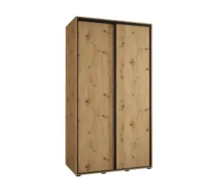 Rustic Oak Artisan Sliding Door Wardrobe H2050mm W1300mm D600mm with Black Steel Handles and Decorative Strips