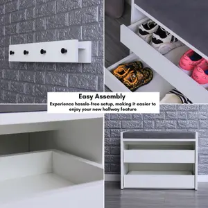 White Shoe Racks Storage Bench with Wall-Mounted Coat Stand - Grey Cushion Shoe Storage Seat - Wallet and Key Holder Organizer