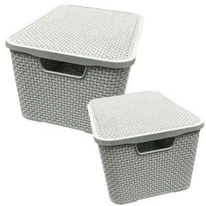 2 x Nature Inspired Light Grey Home & Office Rattan Effect Storage Baskets With Lids