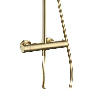 Brushed Brass Overhead Thermostatic Rigid Riser Shower Kit - Twin Head Round