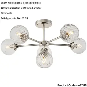 Bright Nickel Semi Flush Low Ceiling Light - Clear Spiral Multi Arm Glass - 6 X 7W LED E14