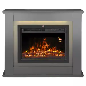 Modern Grey Electric Fireplace with Remote Control, Triangle LED Log Fire, and Stylish Mantle