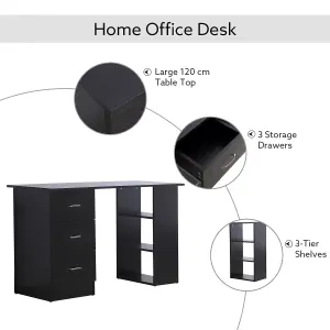 HOMCOM 120cm Computer Desk PC Table Workstation w/ 3 Shelf & Drawers Black