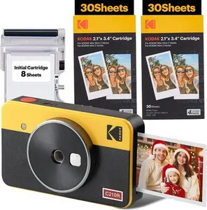 KODAK Mini Shot 2 Retro Christmas Gifts 4Pass 2-In-1 Instant Camera And Photo Printer (5.3 X 8.6 Cm) + Initial 8 Sheets + 60 Sheets Bundle, Yellow