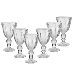 Set of 6 Vintage Luxury Clear Embossed Drinking Wine Goblet Glasses