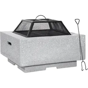 64cm Light Grey Square Fire Pit with BBQ Grill - Perfect Garden Heater for Parties